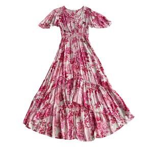 Abel the Label Pink Floral High Low Ruffle Hem Flutter Sleeve‎ Maxi Dress M
